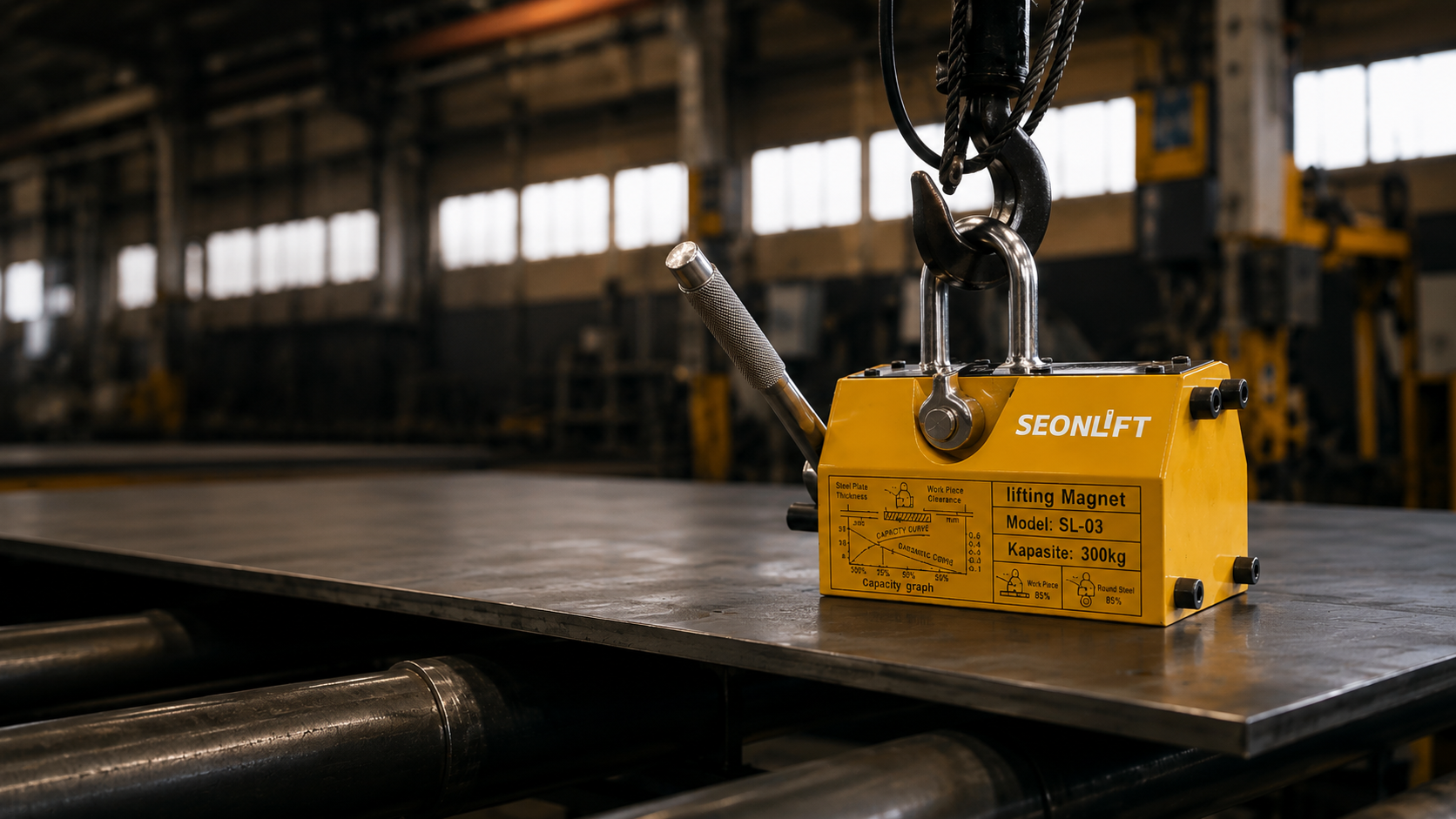 SeonLift 1000 kg kaldırma mıknatısı ile güvenli çelik levha taşıma uygulaması.